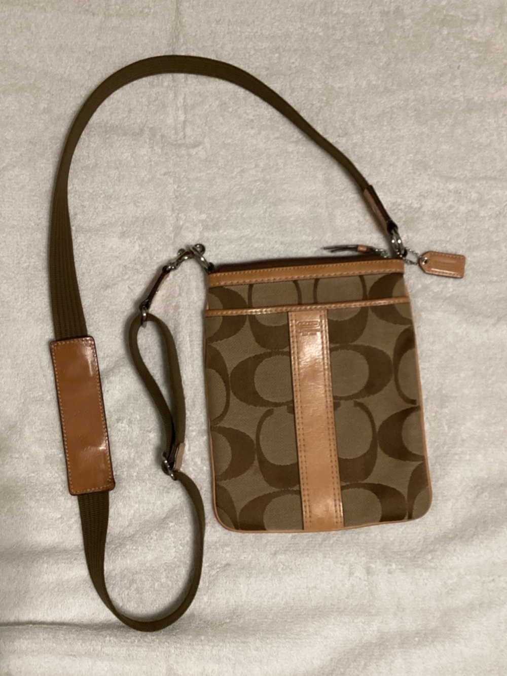 Coach Brown Signature Crossbody with Tan Leather Trim
